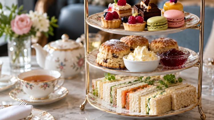 A three-tier afternoon tea stand of finger sandwiches, scones and small cakes, seen close up
