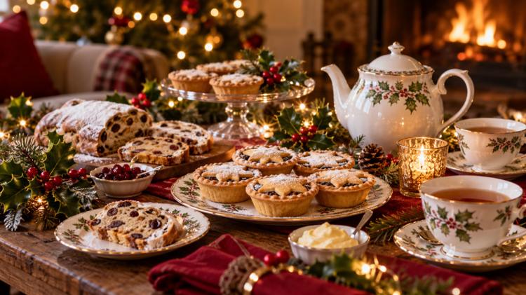A festive afternoon tea table set with mince pies, a teapot and Christmas decorations