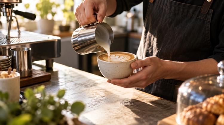 A barista's hands pouring latte art into a cup at a café counter, with pastries under a glass dome