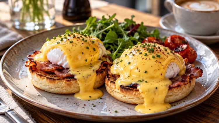 Eggs Benedict with bacon and hollandaise on English muffins, with rocket and roast tomatoes, on a café table
