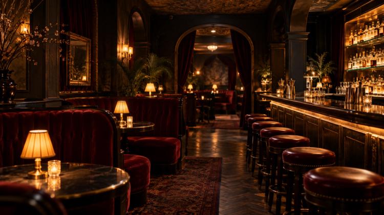 A dimly lit speakeasy-style cocktail bar with red velvet booths, low table lamps and a long back bar lined with bottles