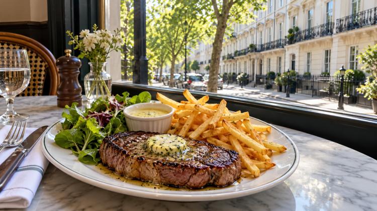 Steak frites with herb butter, fries, béarnaise and salad on a marble table by a window onto a street of cream Regency terraces