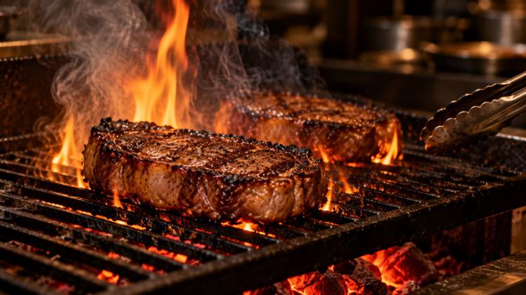 Two thick steaks searing over glowing charcoal on a restaurant grill, with flames and tongs