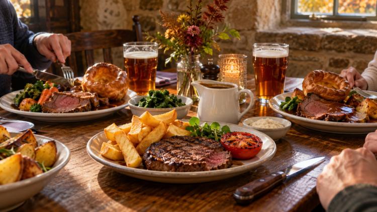 A pub table with a flat iron steak and chips next to plates of roast beef with Yorkshire puddings, gravy and pints of ale