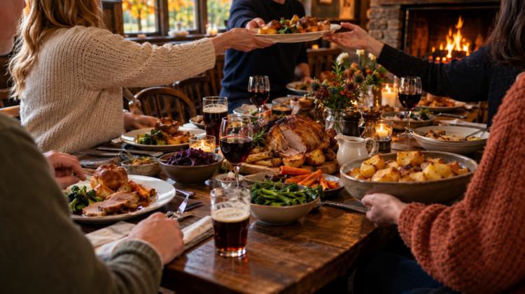 Plates of roast dinner passed along a long pub table on a Sunday afternoon, with a log fire burning in the background