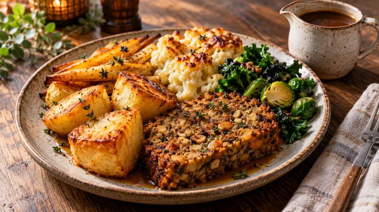 A vegetarian Sunday roast of nut roast, roast potatoes, parsnips, cauliflower cheese and greens with a jug of gravy