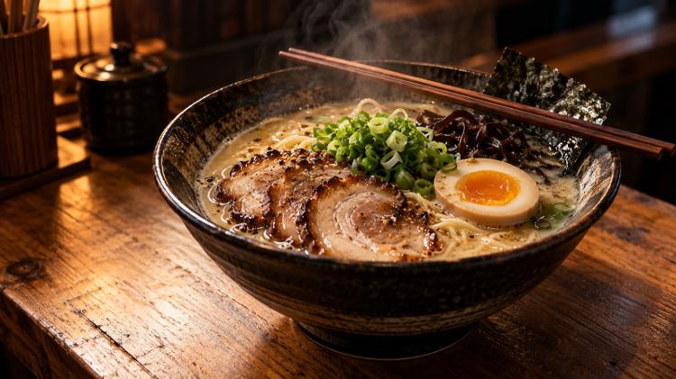 A steaming bowl of tonkotsu ramen with chashu pork, a soft egg and spring onions on a wooden counter