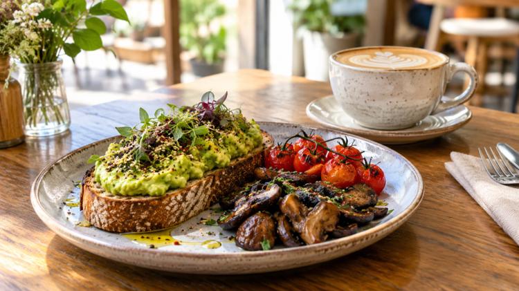 A vegan breakfast of avocado toast and roasted tomatoes with a cup of coffee in a bright café