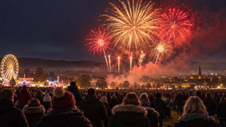 Gold and red fireworks bursting over a crowd in winter coats on a grass field, with funfair lights glowing at the edge