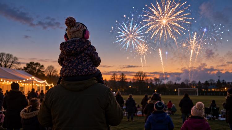 A toddler in ear defenders and a bobble hat on a parent's shoulders, watching soft gold fireworks over a playing field at dusk