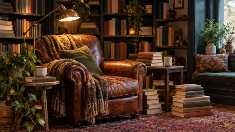 An armchair under a warm lamp in the reading corner of an independent bookshop, with shelves of books on every side