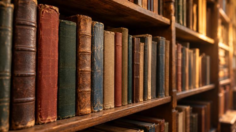 Close-up of worn second-hand book spines in faded cloth and leather on old wooden shelves