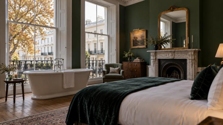 A boutique hotel bedroom in a Cheltenham Regency townhouse, with a roll-top bath by a tall sash window, a marble fireplace and green walls