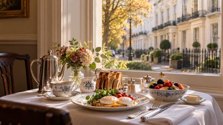 Breakfast by a sash window in a small Cheltenham hotel, looking out on cream Regency villas and autumn trees
