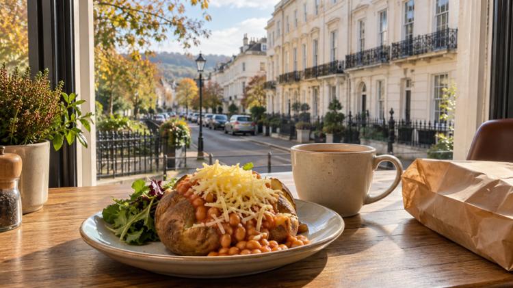 A jacket potato with beans and cheese and a mug of tea on a café table by a window onto cream Regency terraces in Cheltenham