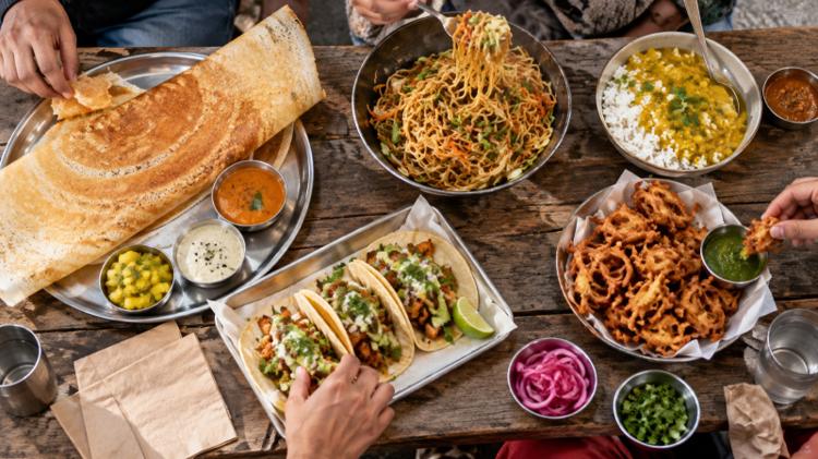 A wooden table of cheap street food from above: a crisp dosa with chutneys, wok-fried noodles, dal with rice, onion bhajis and soft tacos