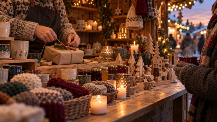 Handmade gifts on the shelves of a wooden Christmas market chalet at dusk, with a stallholder wrapping a present in brown paper