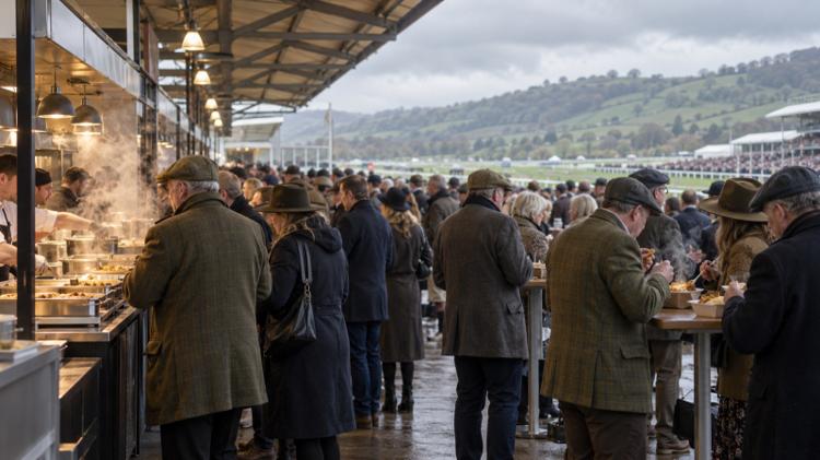 Race-goers in tweed coats and flat caps at steaming food stalls and standing tables under a covered stand, with green hills beyond the course