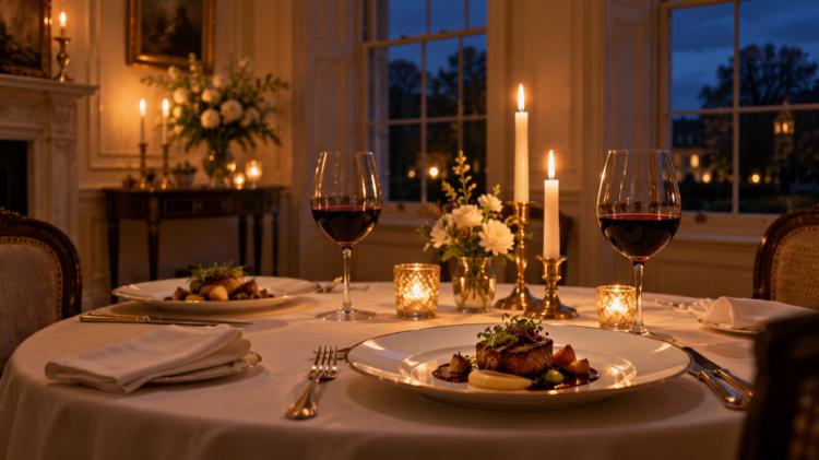 A candlelit table for two with a small plated course and glasses of red wine in a Regency dining room with tall sash windows
