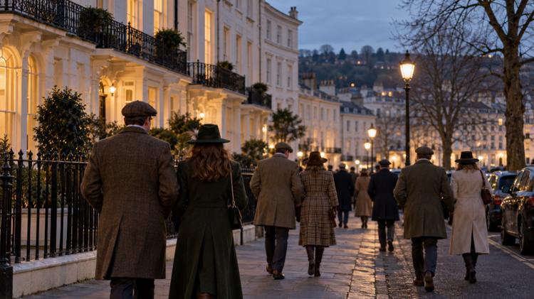 Race-goers in tweed coats walking past cream Regency terraces and wrought-iron balconies at dusk on a March evening