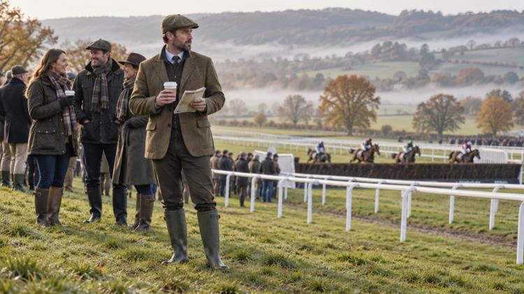 A racegoer in a tweed jacket, flat cap and wellies holding a racecard and a coffee beside a racecourse rail, with green hills behind on a misty November morning