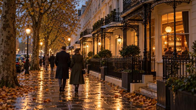 Racegoers in wool coats walking past cream stucco Regency townhouses with iron balconies at dusk, warm light from a pub window on a wet pavement