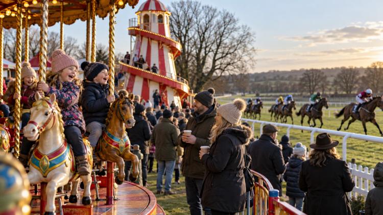 Children in bobble hats on a small carousel beside a racecourse, with racehorses galloping past beyond a white rail in late-afternoon light