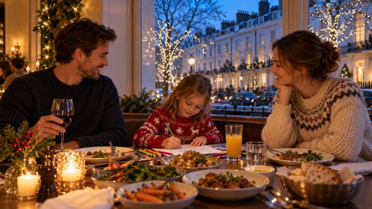 A family sharing an early dinner by a tall window, a child colouring in, with a Regency terrace and Christmas lights in the trees outside