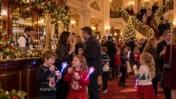 Children in Christmas jumpers eating ice cream and waving light-up wands in a theatre foyer bar hung with garlands during a matinee interval