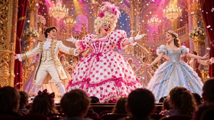 A pantomime dame in a pink spotted frock singing between a prince and a princess on a glittering ballroom set, with children watching from the front row