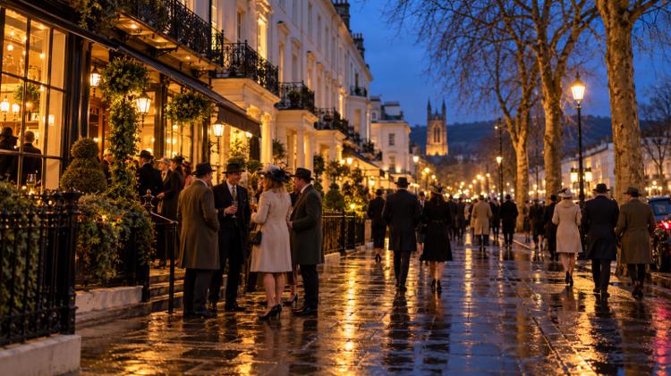Racegoers in coats and hats on a wet, lamplit Regency street at dusk, with warm light from bar windows