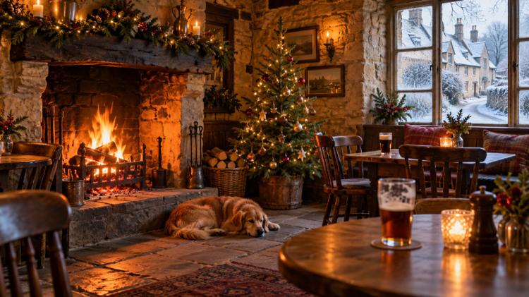 A stone-walled pub with an open fire, a small Christmas tree, pints on the tables and a dog asleep on the flagstones