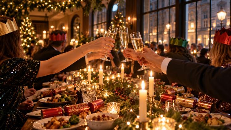 Friends in paper crowns raising glasses of fizz over a candlelit Christmas party table with crackers and greenery