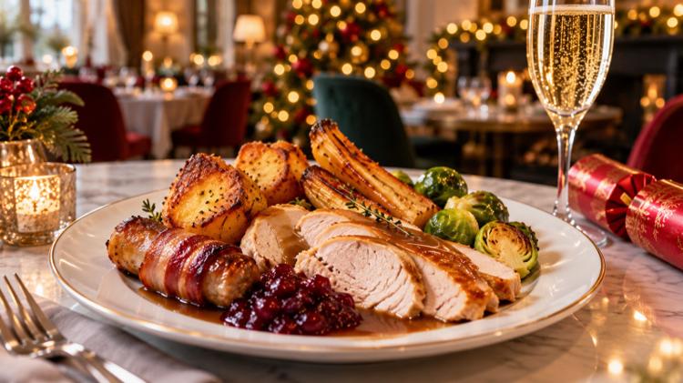 A plate of sliced roast turkey, a pig in blanket, roast potatoes, parsnips, sprouts and cranberry sauce beside a glass of Champagne and a red cracker