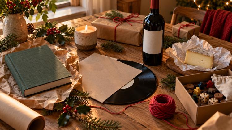 A hardback book, a vinyl record, red wine, a wedge of cheese, a candle and a box of game pieces on a wooden table with brown paper and holly