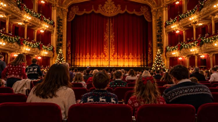 Families in Christmas jumpers taking their seats in a red and gold Victorian theatre before a pantomime