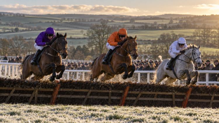 Three horses and jockeys in purple, orange and white silks jumping a hurdle on a frosty winter afternoon, with a crowd behind the rail
