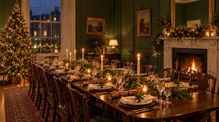 A private dining room in a Georgian townhouse laid for a Christmas party, with candles, crackers, a decorated tree and a lit fire