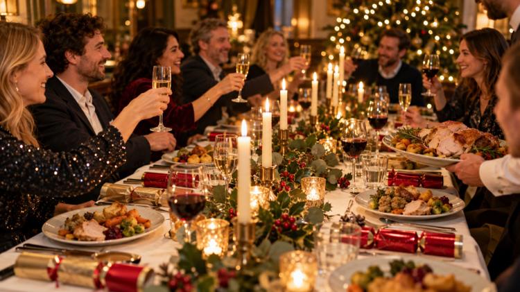 Friends raising glasses of fizz over a long candlelit Christmas party table with crackers, holly and plates of roast turkey