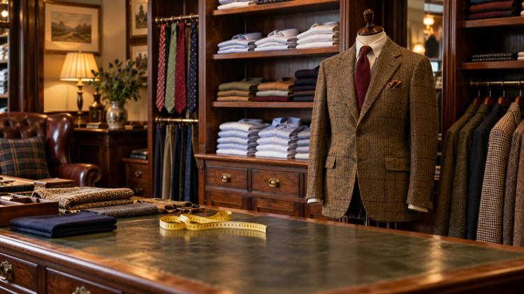 A tweed jacket and tie on a tailor's dummy beside shelves of folded shirts in a traditional gentlemen's outfitters