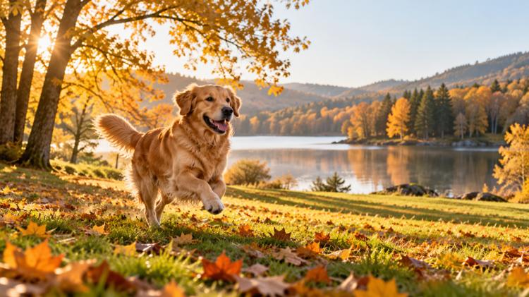A dog running across an autumn park lawn with trees and a lake behind