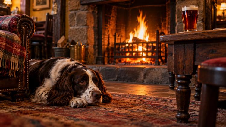 A spaniel lying by a log fire in a cosy pub, beside a table with a pint of beer