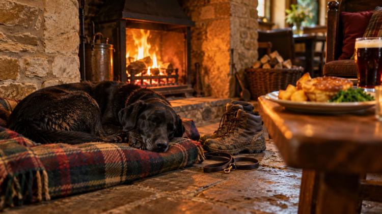 A black labrador asleep on a tartan blanket by a log fire in a stone-walled pub, with muddy walking boots and a pie on the table