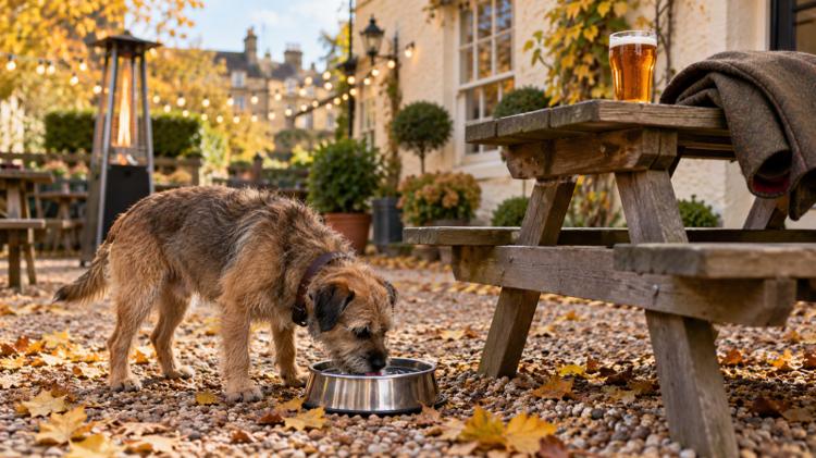 A border terrier drinking from a steel water bowl on the gravel of a pub garden in autumn, beside a picnic bench with a pint on it