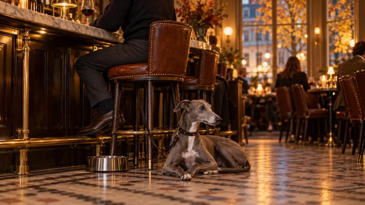 A grey whippet lying by a steel water bowl under the leather stools of a brasserie bar, with tall Regency windows behind