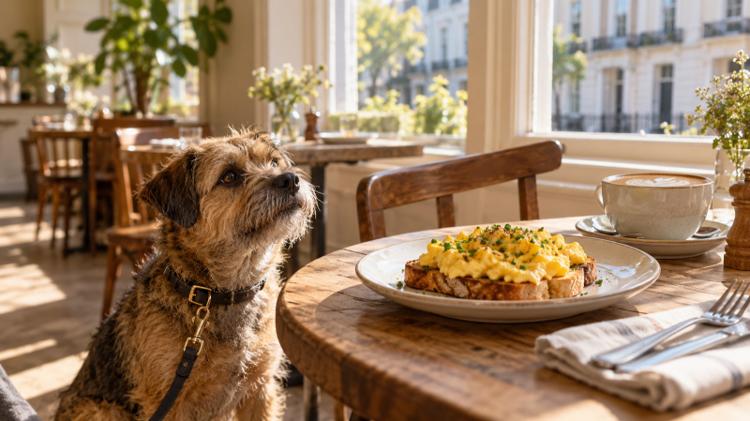 A border terrier on a lead looking up at a plate of scrambled eggs on toast and a flat white in a sunny café with Regency terraces outside
