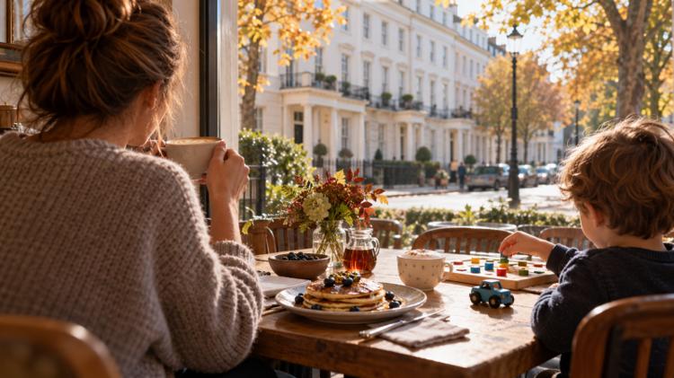 Pancakes with blueberries, a babyccino and a children's board game on a cafe table, with cream stucco terraces outside the window