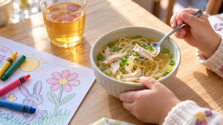 A child's lunch on a wooden table: a small bowl of noodle soup, a cup of apple juice and a colouring sheet with crayons