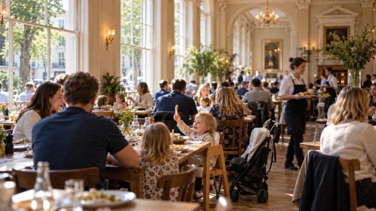 A busy family restaurant at Sunday lunchtime in a high-ceilinged Regency room, with a buggy beside a table and a toddler in a highchair