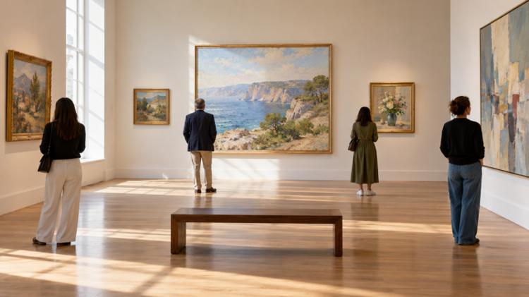 Visitors looking at paintings in a light-filled gallery of a small art museum